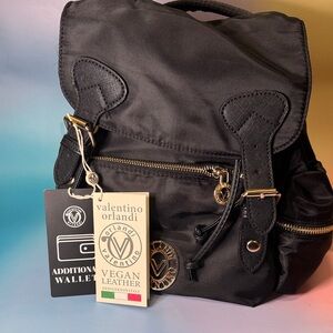 Valentino Orlandi Black (Vegan Leather) Backpack with Gold Accents